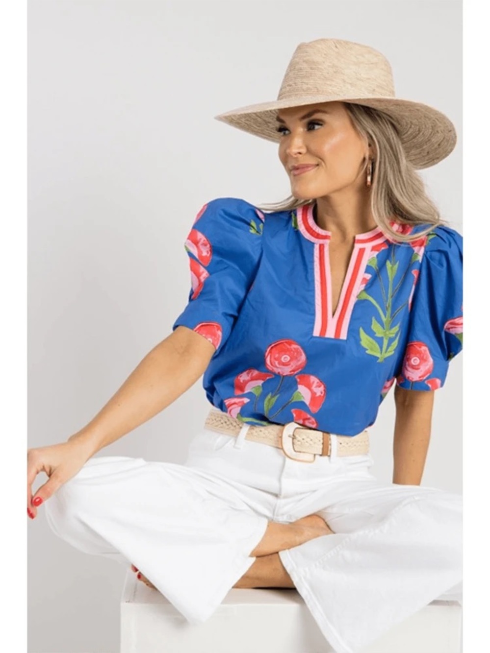 Entro Blue Floral Puff-Sleeve Blouse with Pink Trim Poplin Top Size Medium - Picture 10 of 10